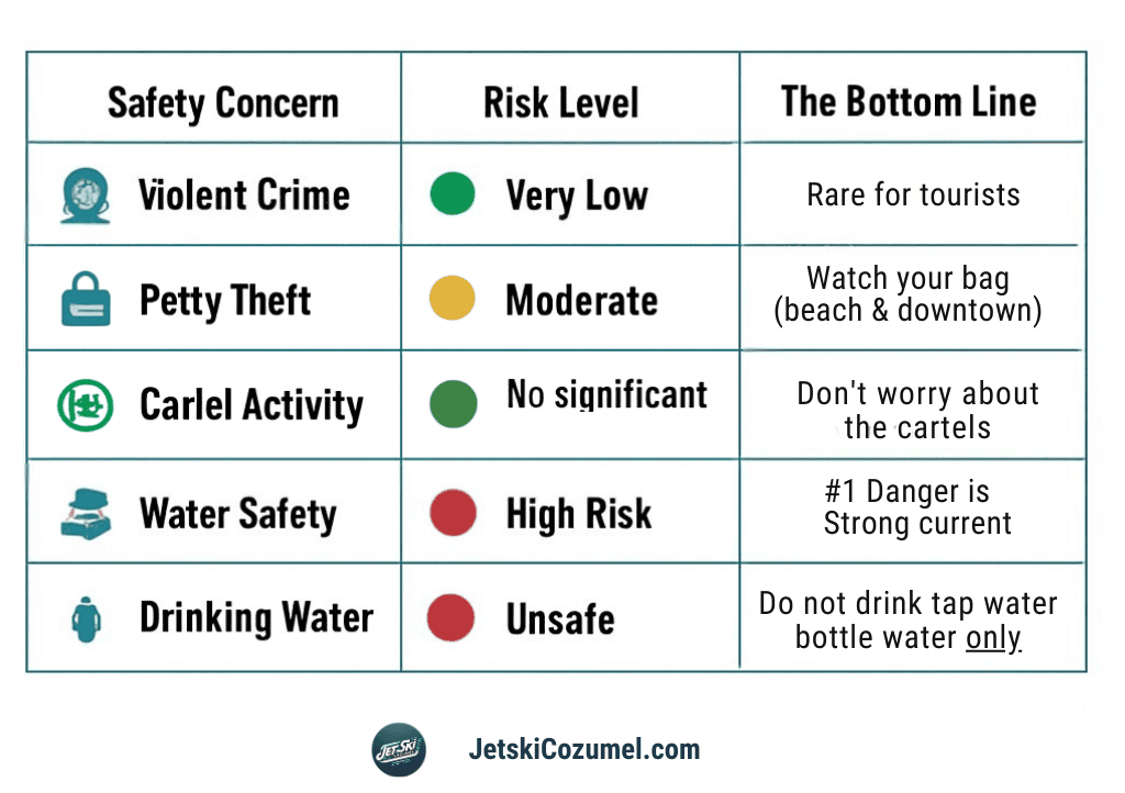 Info graphic showing cozumel's safety risk levels with green, yellow and red dots for five different categories