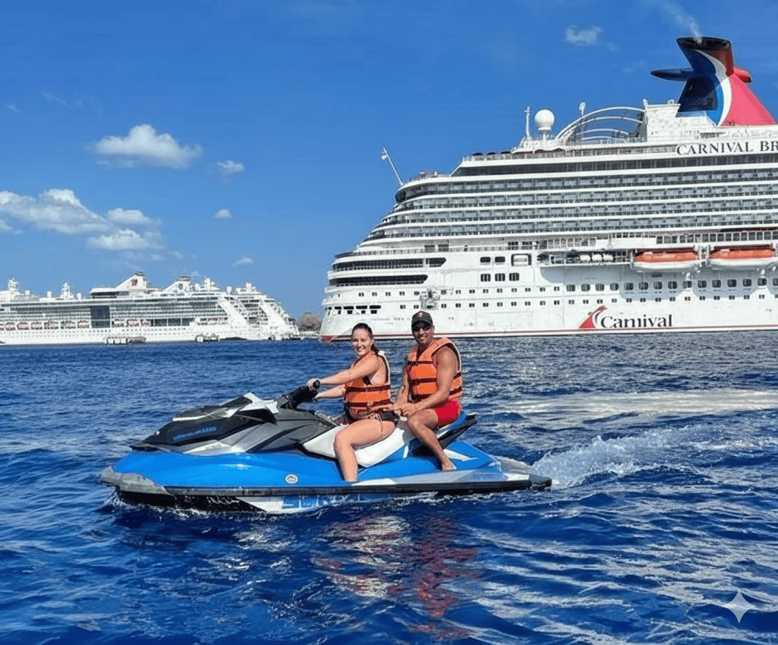 A couple on a jet ski in front of a cruise ship