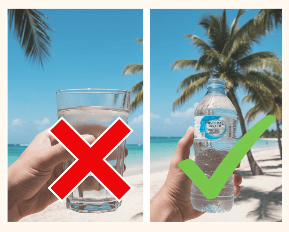 Side by side of water bottle and glass of water showing which is safe to drink in cozumel