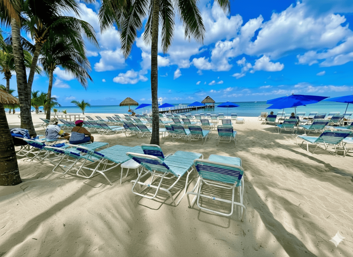 best beach club in cozumel-paradise-beach – Jet Ski Cozumel Beach side view of the best beach club in Cozumel showing chairs, sand palm trees and ocean