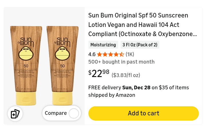 Screenshot of sunbum reef friendly sunscreen on Amazon. Showing what not to do in Cozumel "forget sunscreen"