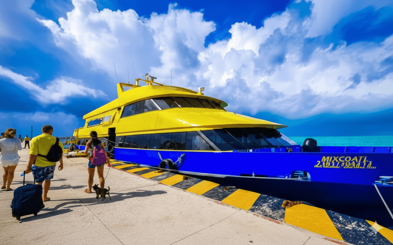 The ferry from playa to Cozumel docked at the pier with people boarding it