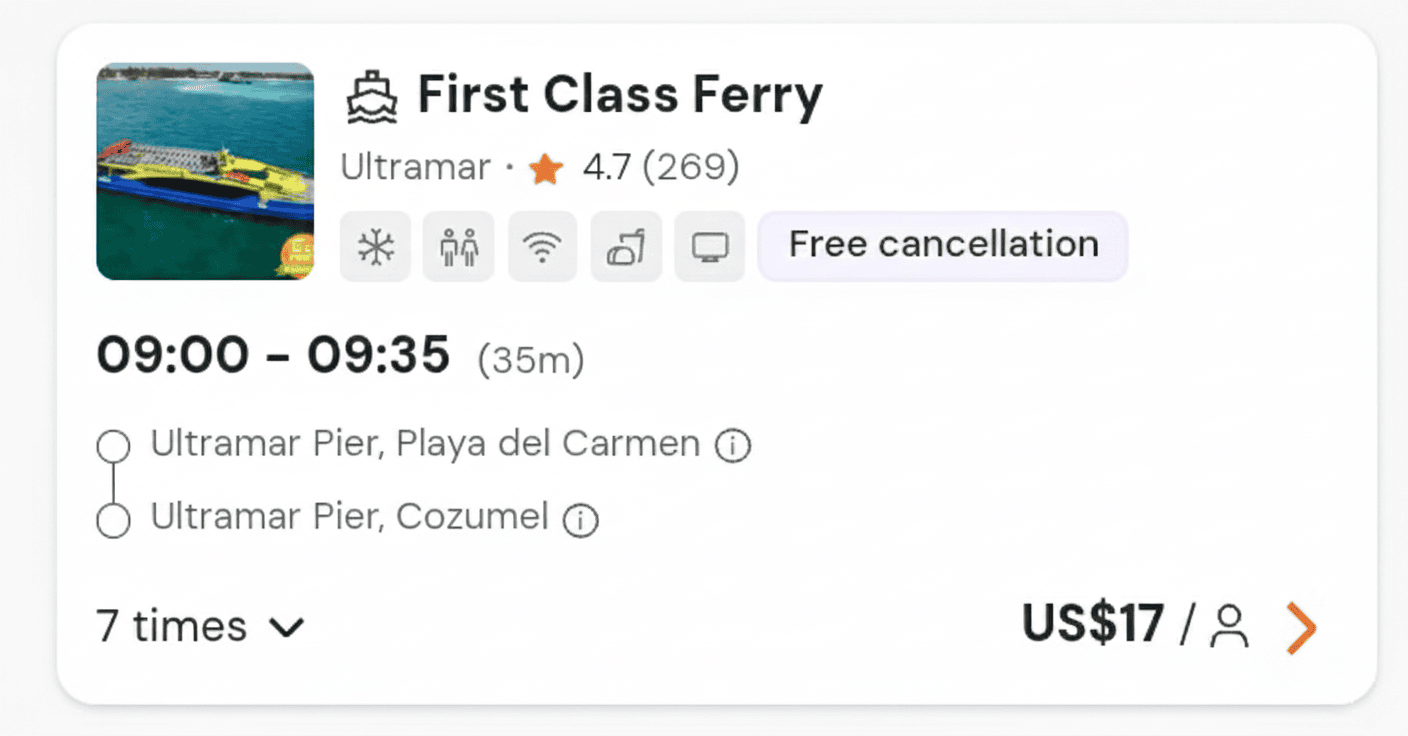 Image of a digital ticket from bookaway.com showing Cost, time and amenities how much is a ferry from playa to Cozumel.