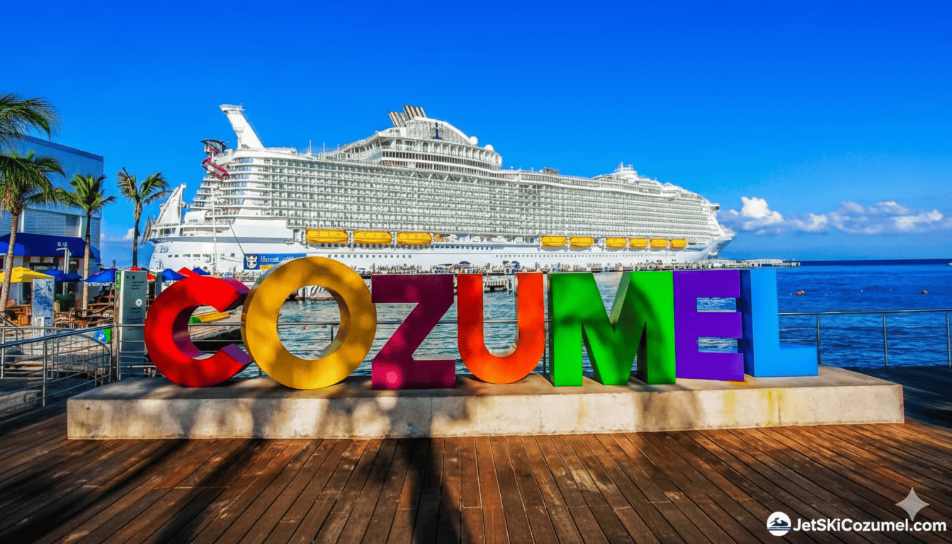 Image of cozumel's huge colorful welcome sign with a cruiseship in the back.