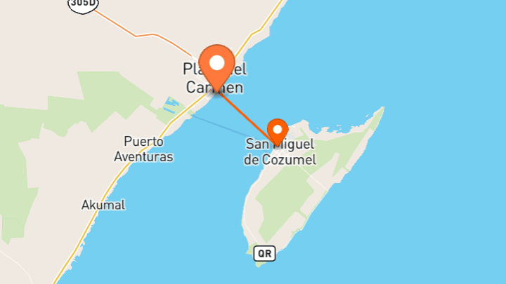 Playa del Carmen to cozumel day trip map view