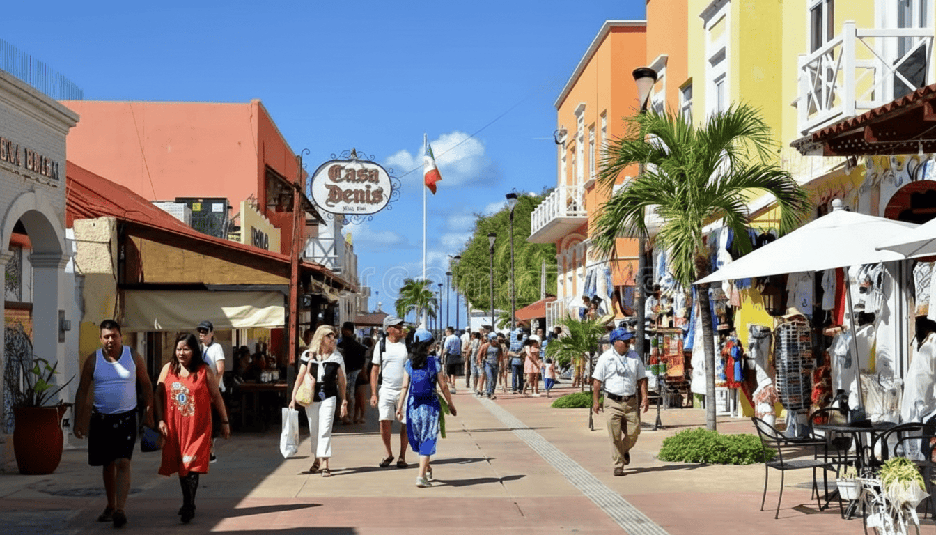 Downtown cozumleshopping area with tourists walking