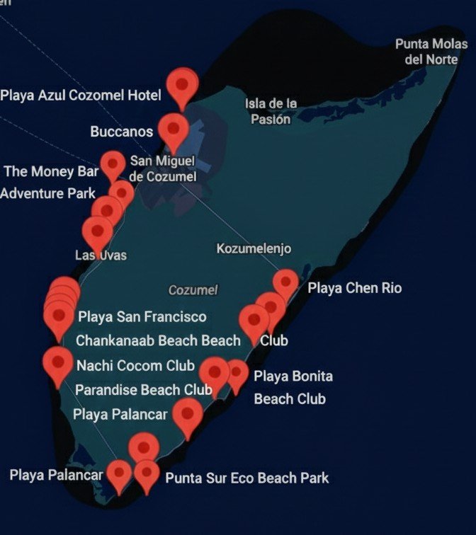 Cozumel beaches map – Jet Ski Cozumel A image of a map showing all of cozumels beaches