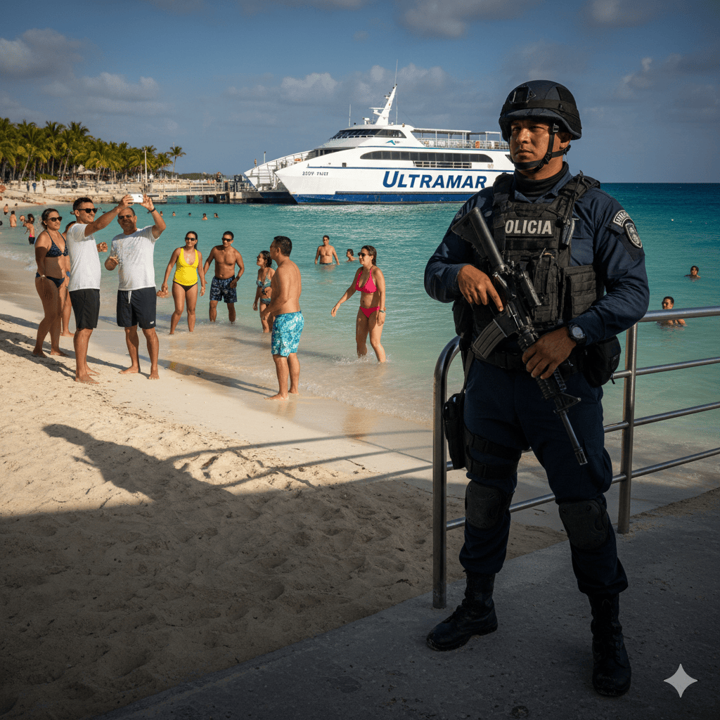 Cozumel cartels – Jet Ski Cozumel Mexican police standing guard on a pier from Cozumel cartels,