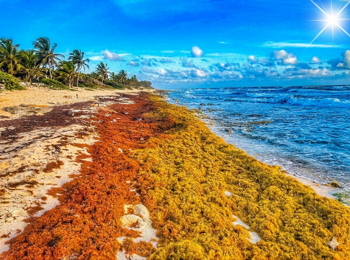 A image of beach covered in 3 different colors of sargassum on shore. Blue ocean on the right with blue sky