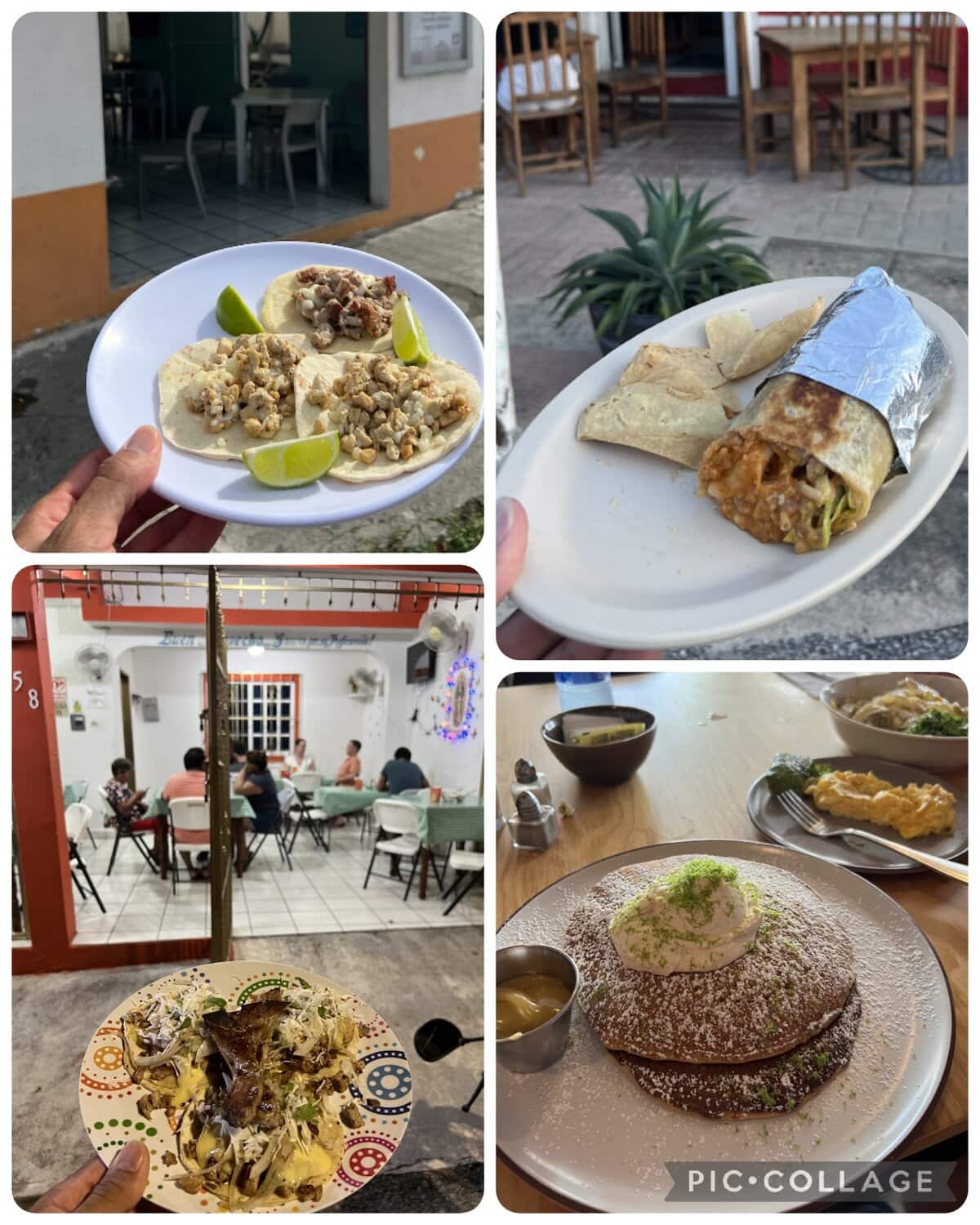 Image of 4 photos showing foods from four different restaurants recommended for a cozumel day trip