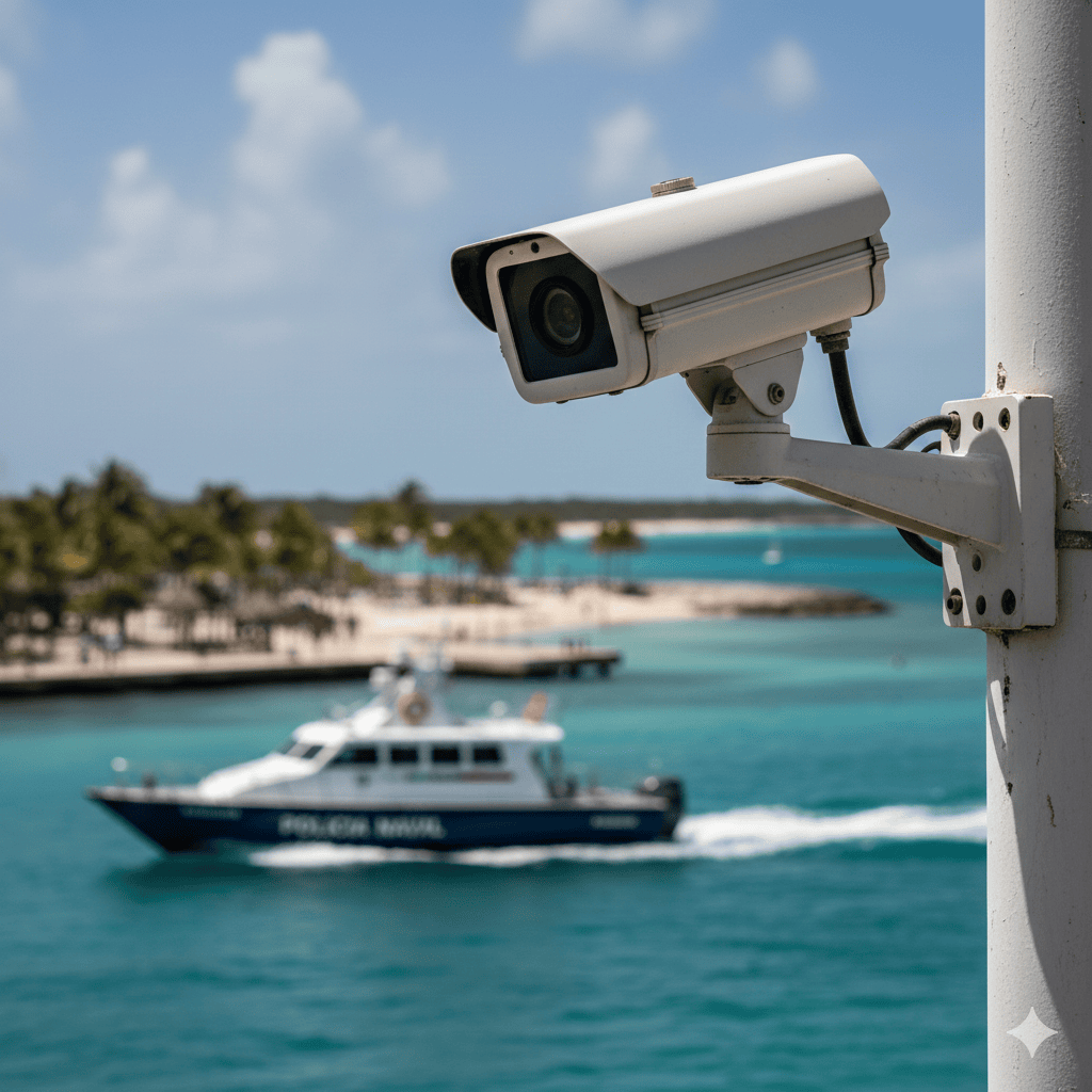 drug cartel in Cozumel mexico – Jet Ski Cozumel Security camera with a boat on the ocean in the background