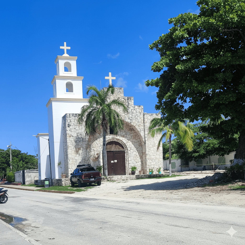 Image of the church in Cozumel across from a free beach