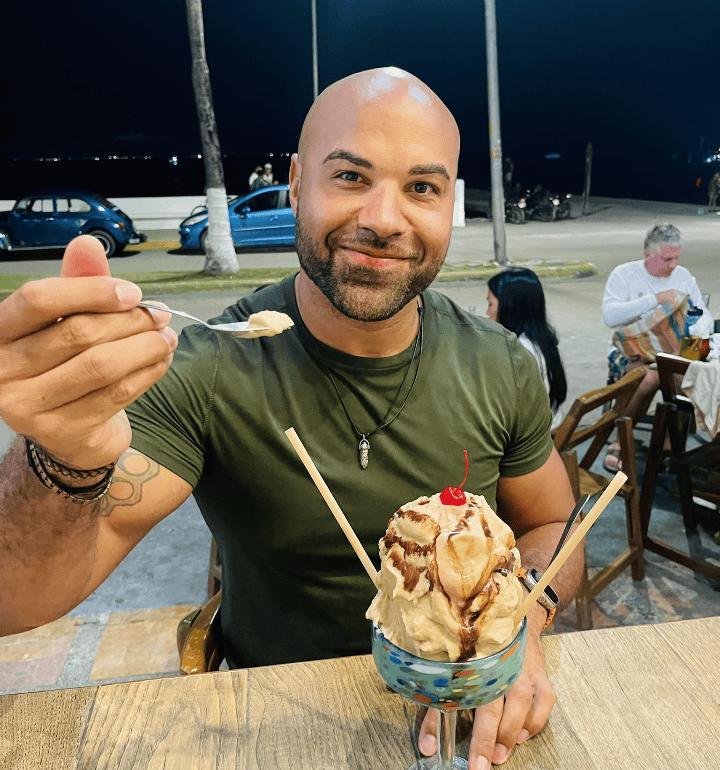 The author eating a a ice blended chocolate beverage
