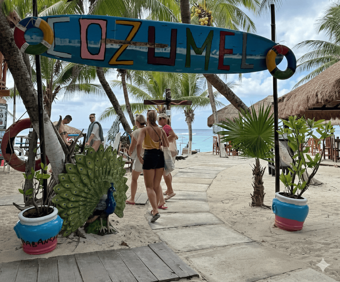 public swimming beaches in cozumel-playa-palancar-2 – Jet Ski Cozumel Americans tourists walking into the entrance to the public swimming beach playa palancar