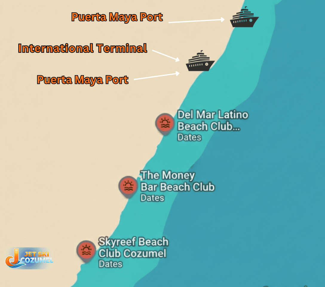Beach-clubs-in-cozumel-near-cruise-port – Jet Ski Cozumel A map view of beach clubs in Cozumel near cruise port. Showing the 3 closer beach clubs distance by name.