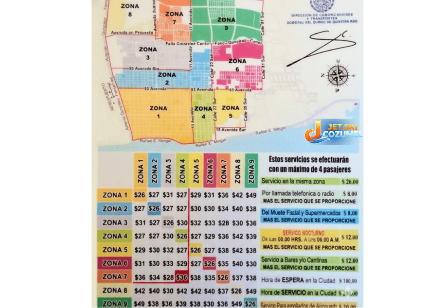 A image of cozumel taxi rates and zones color coded