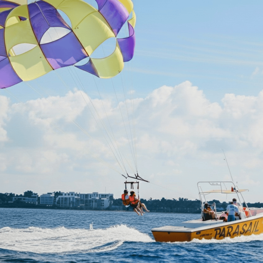 Tandem Parasailing in Cozumel mexico in action with two teenagers feet above the water as the boat takes off launching them in the air