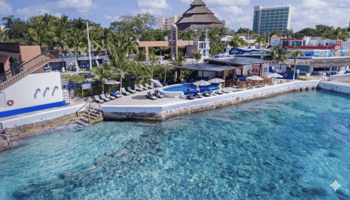 adults-only-beach-club-cozumel – Jet Ski Cozumel Adults only beach club in Cozumel. Del Mar from the air showing pool and water with city in the background