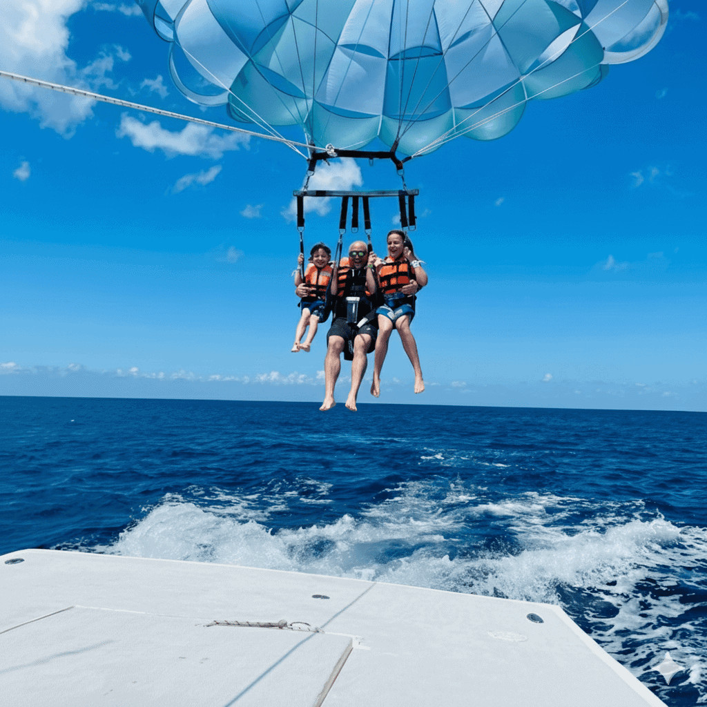 A image of cozumel Parasailing showing a father in between two of his kids 15 ft above the water