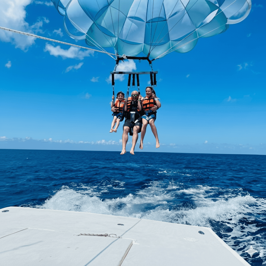cozumel-parasailing – Jet Ski Cozumel A image of cozumel Parasailing showing a father in between two of his kids 15 ft above the water