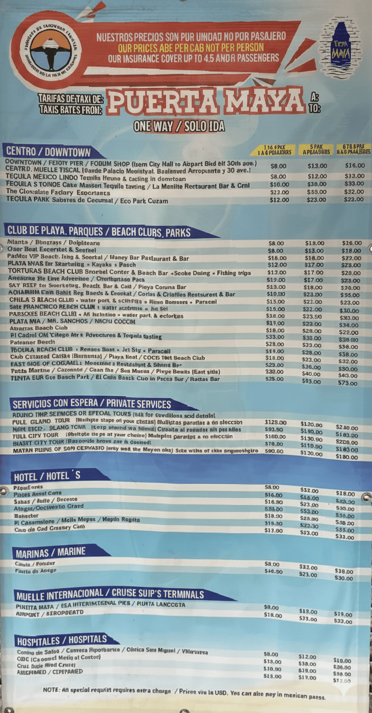 2026 Cozumel tax rates at puerta Maya cruise port shown on a large sign in HD