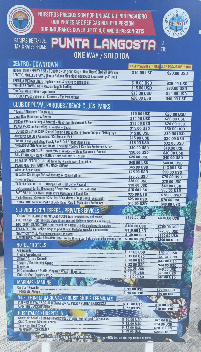 A sign showing punta Langosta Taxi rates in 2026
