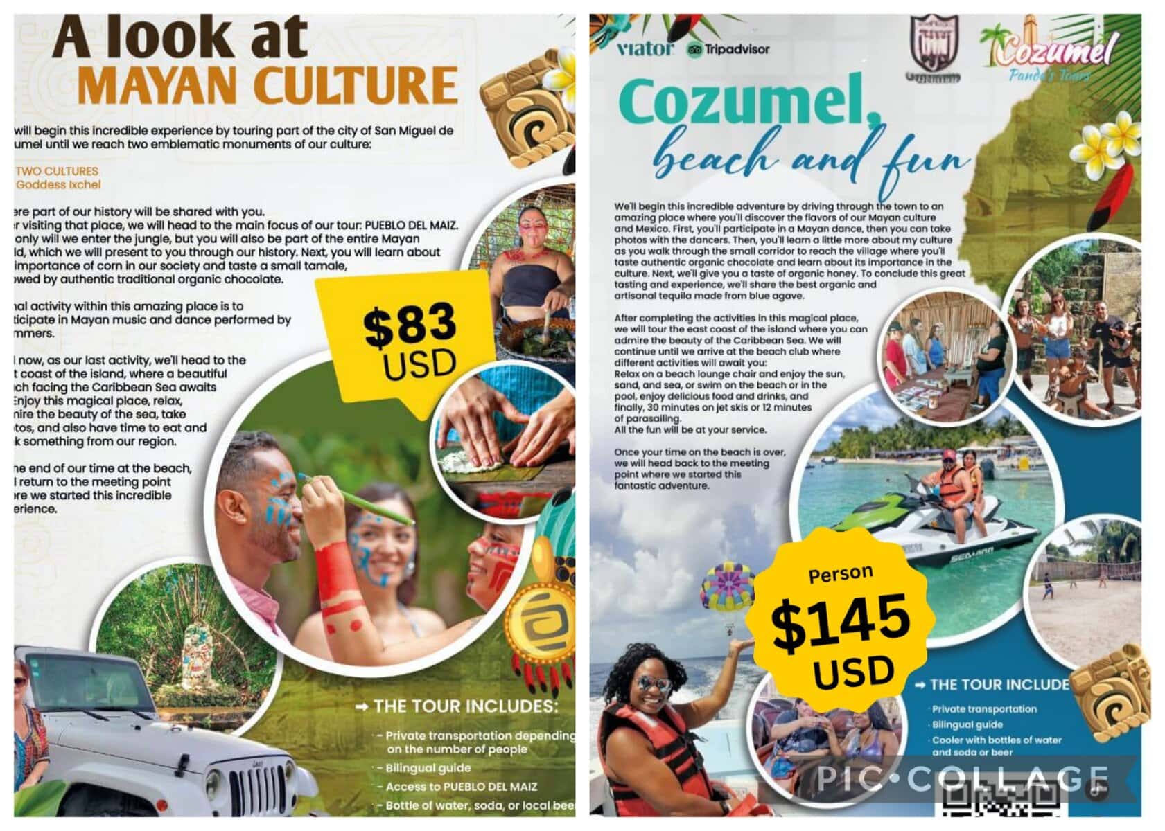 A digital flyer for two Cozumel taxi tour options provided by jet ski Cozumel showing prices and what's included