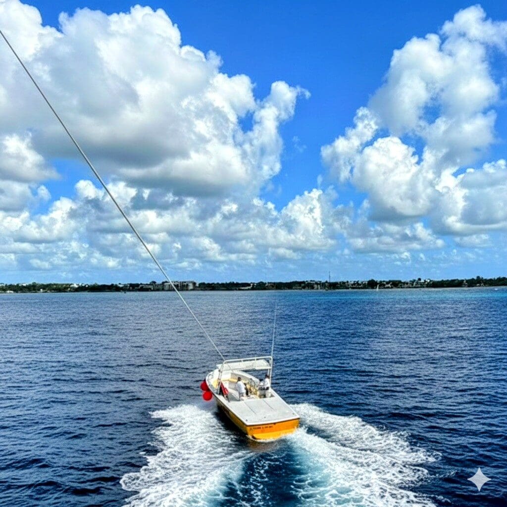 Paradise beach Cozumel Parasailing from 150ft above the water from a parasailer point of view showing the ocean and the boat making waves