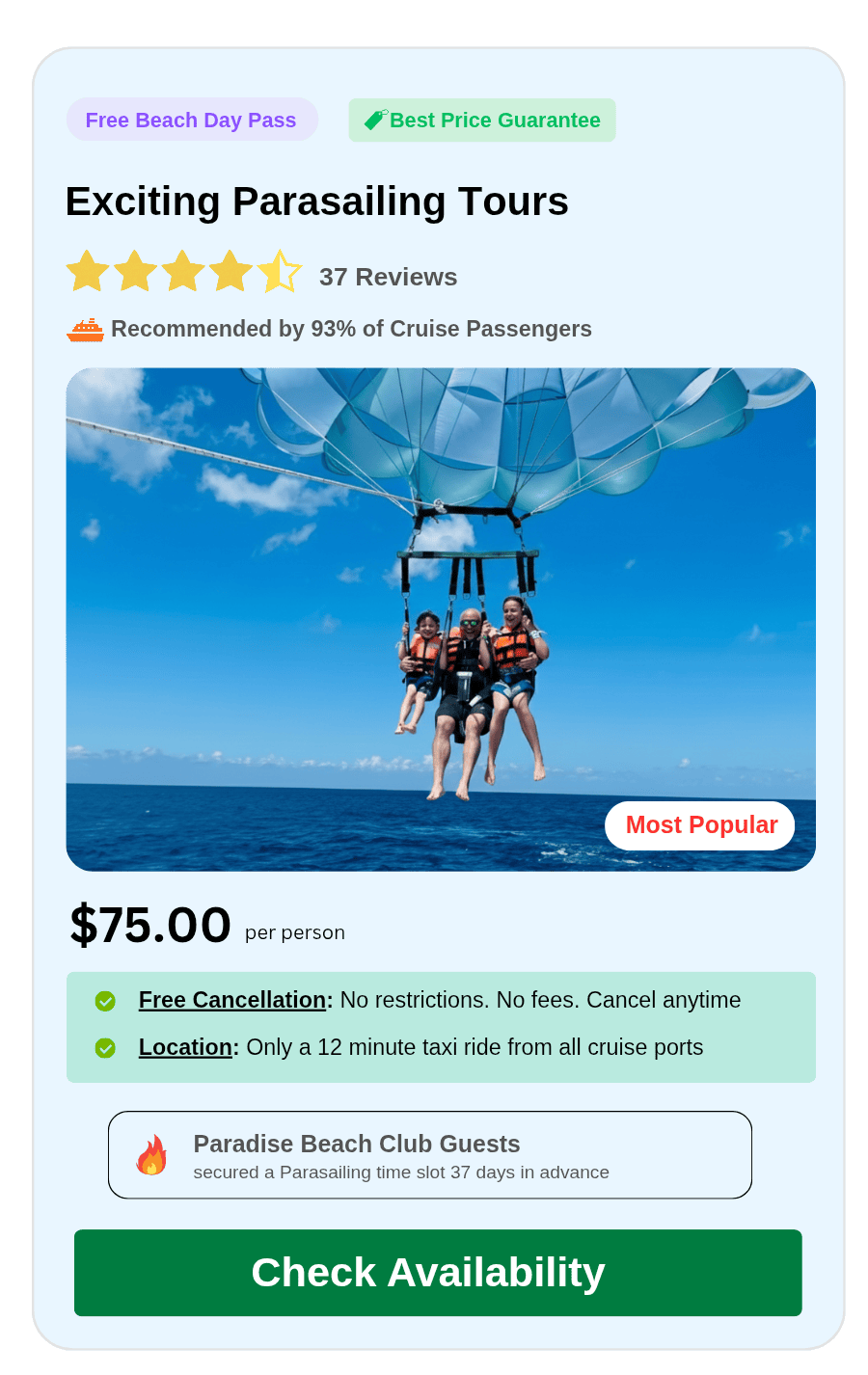 Click to book the official 4.9-star rated parasailing tour in Cozumel, Mexico. Includes a 400ft flight, free beach pass, and free cancellation. Located just 12 minutes from cruise ports