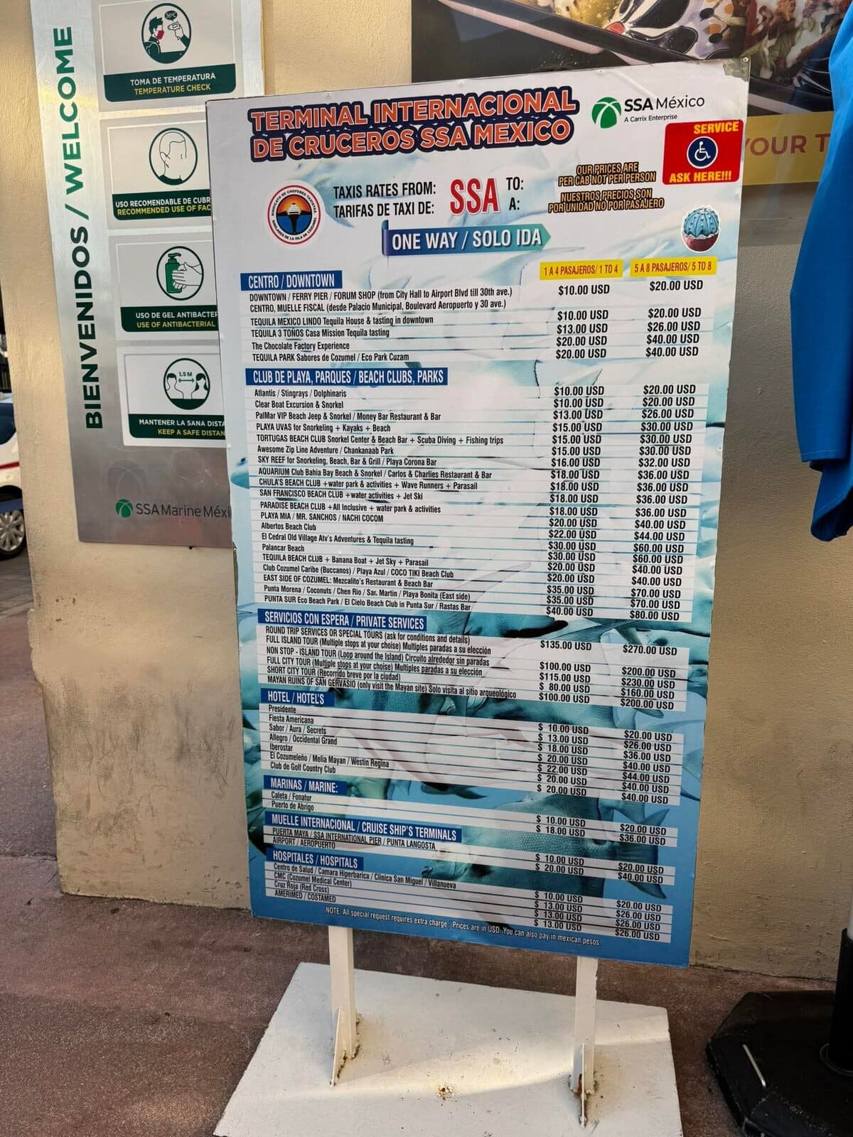 A image of the taxi prices from Cozumel international cruise terminal taxi rates 2206