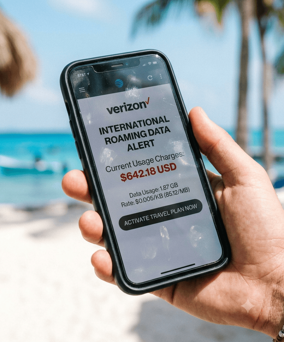what-not-to-do-in-cozumel-travel-plan- – Jet Ski Cozumel Phone screen shows Verizon international roaming data alert with current charges 2.18 USD on a beach scene.