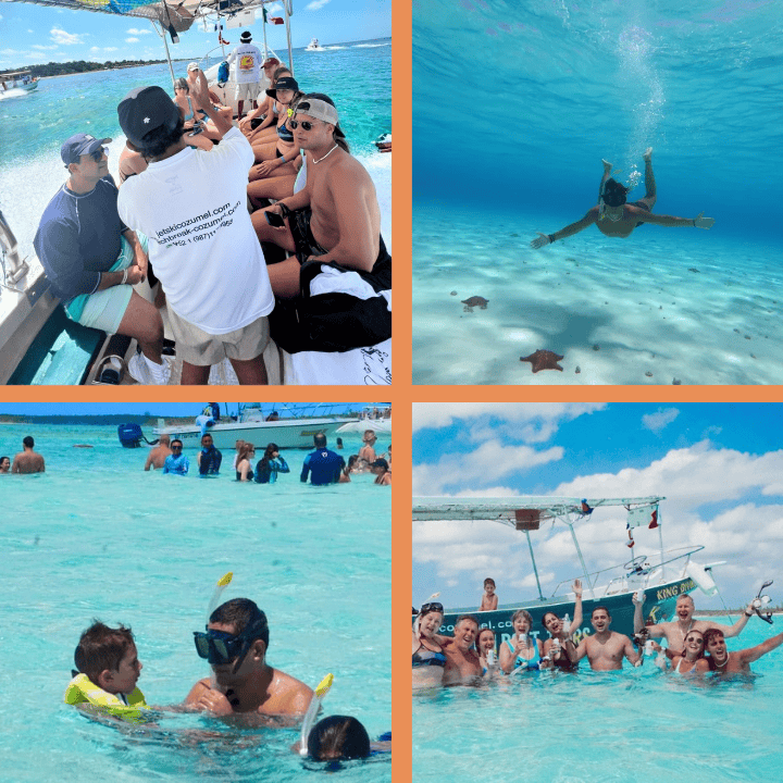 The Best things to do with n Cozumel shown by a 4 image collage of a Cozumel snorkeling tour