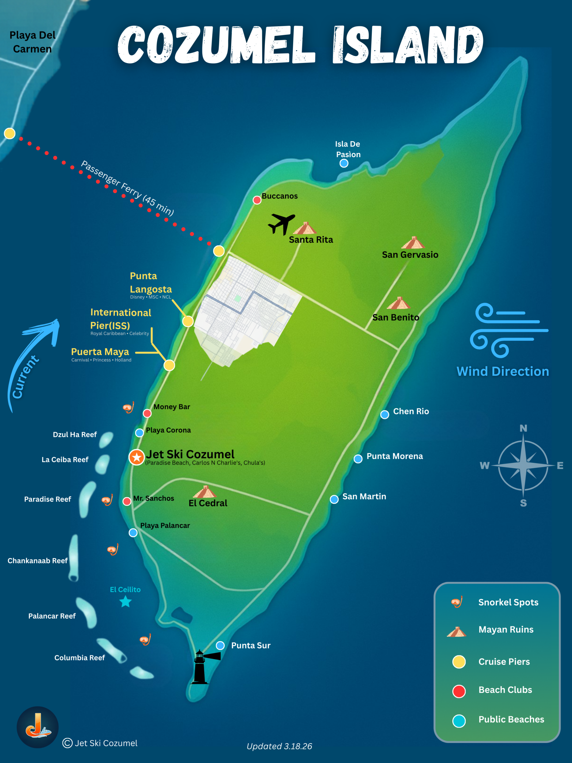 Cozumel island map showing cruise ship pier locations, beach clubs, snorkel reefs, roads, and key landmarks for cruise passengers and visitors