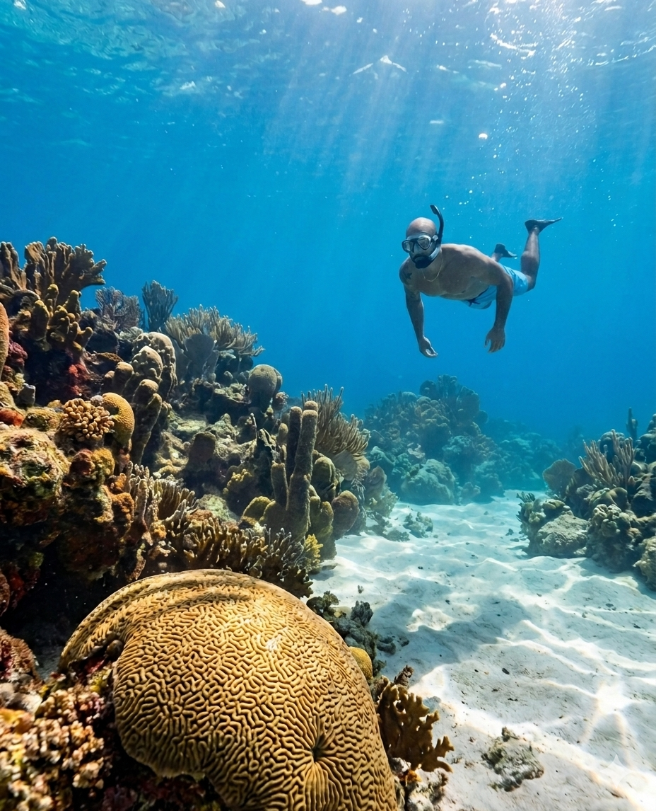 A man in snorkel mask and fins swimming near a brown coral reef at punta sur reef.