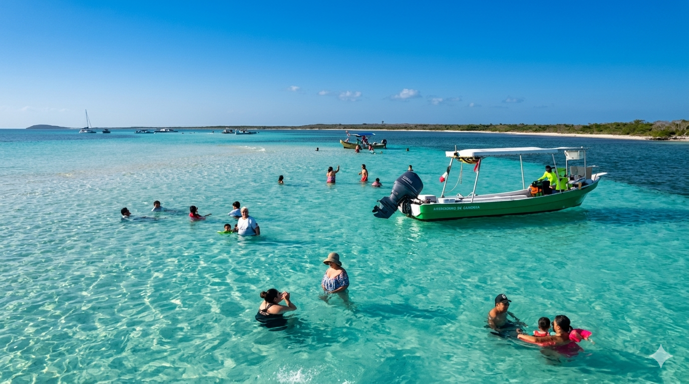 El Cielo snorkeling shown by 10 people scattered in clear shallow water and your boats anchored at El Cielo sandbar