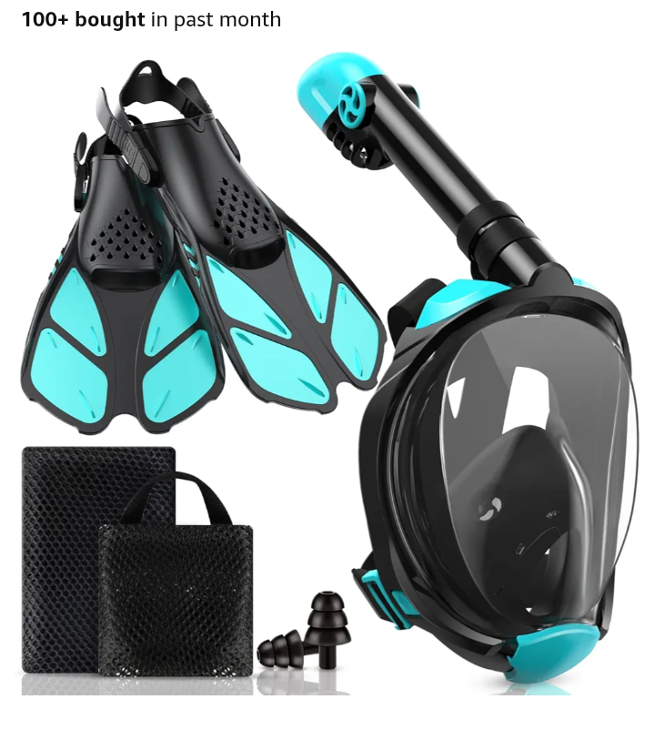 Screenshot_20260427-221544~2 – Jet Ski Cozumel Complete scuba diving set: turquoise-accent fins, a full-face snorkel mask, mesh carry bags, and replacement silicone ear plugs/ear seals.