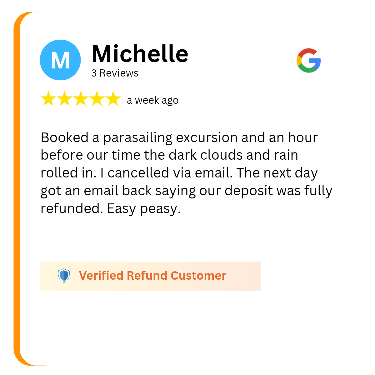 A official Google review card showing a customer satisfaction with th cancelation policy from a official recent Google review of our Cozumel Parasailing tour