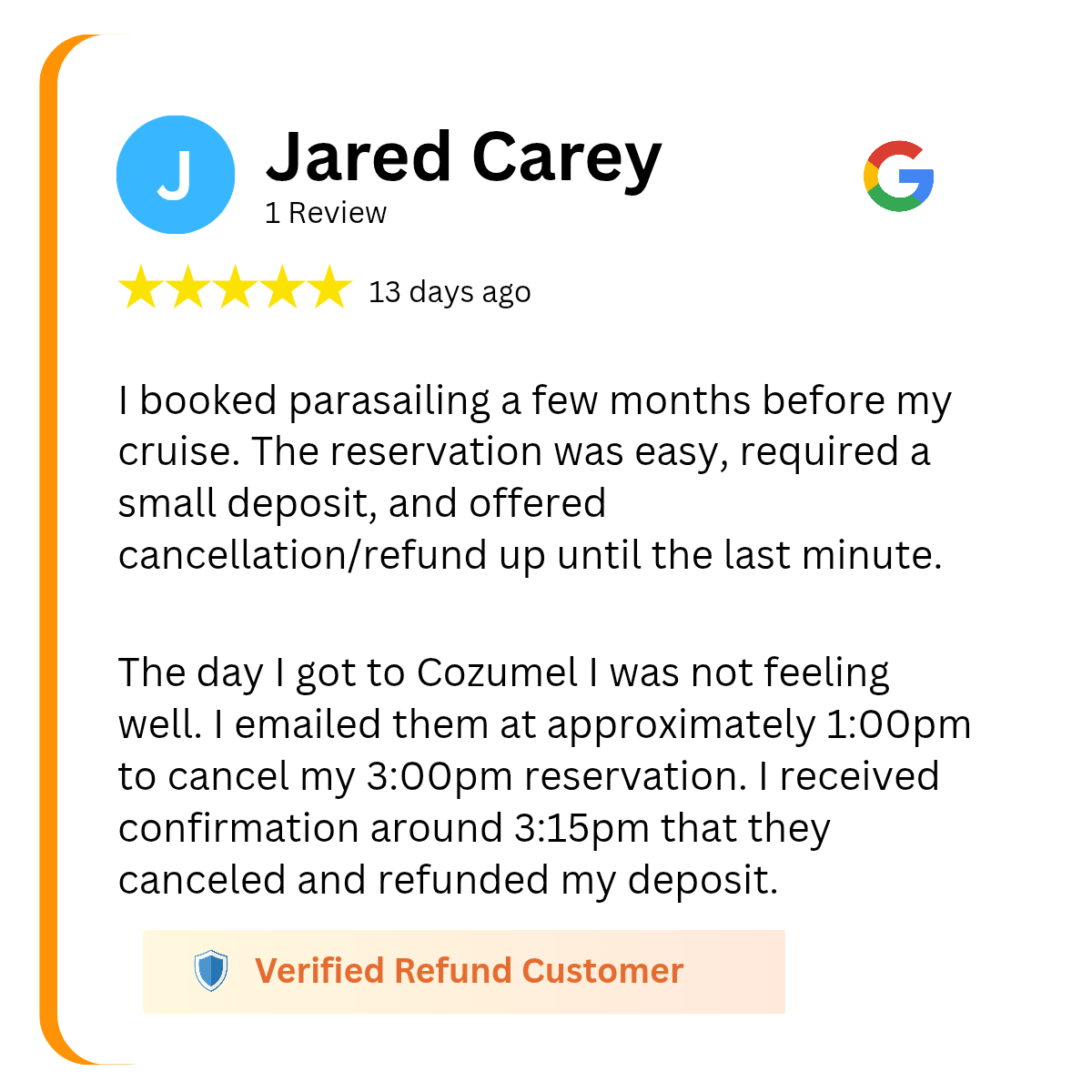A Google review of the best Parasailing tour in Cozumel that includes details about the reservation.