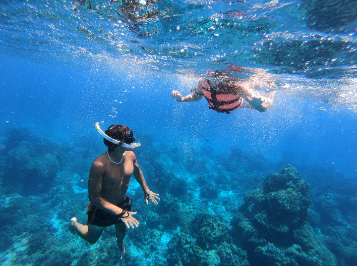 top-cozumel-snorkeling-spots – Jet Ski Cozumel Two snorkelers explore a colorful coral reef underwater; one wears a pink life vest and snorkel mask while the other swims nearby.