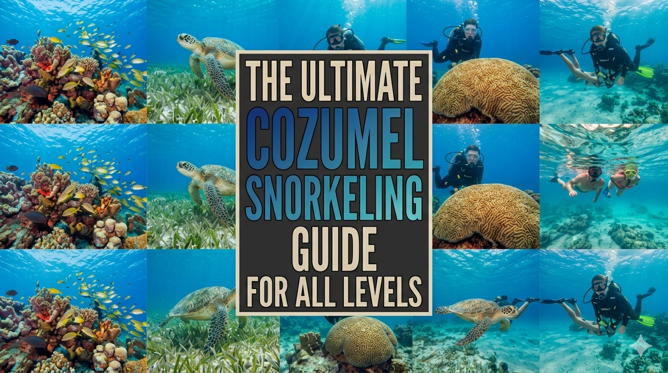 A snorkeling collage with a digital flyer with bold font saying the ultimate cozumel snorkel guide for all levels