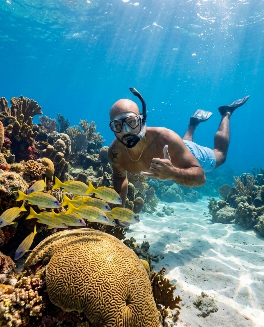 1777488939254 – Jet Ski Cozumel Male snorkeler swims underwater beside a colorful coral reef, giving a thumbs-up gesture.
