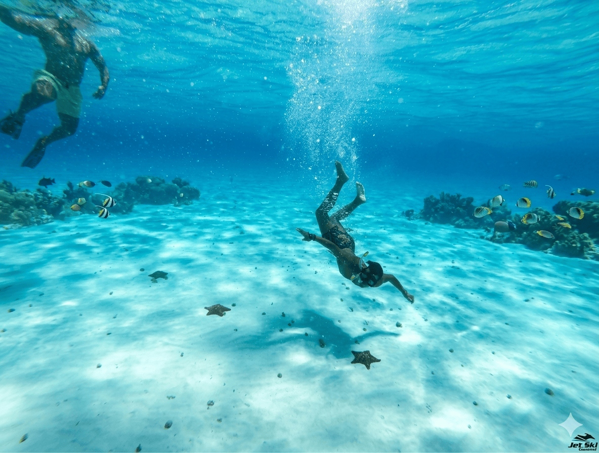 Two snorkelers swim above a sandy coral reef, surrounded by colorful tropical fish in clear blue water.