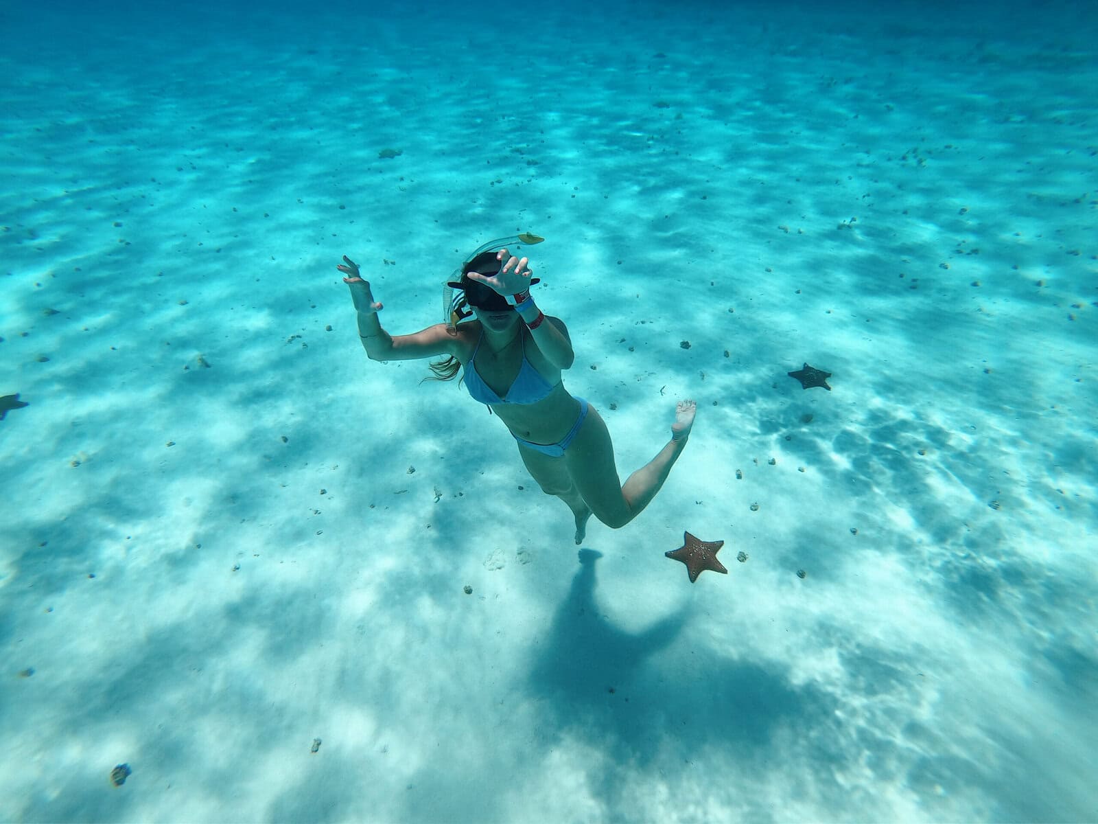 DCIM100GOPROG0080557JPG – Jet Ski Cozumel Woman snorkeling underwater in clear blue water, reaching toward the camera with starfish on the sandy seabed below.