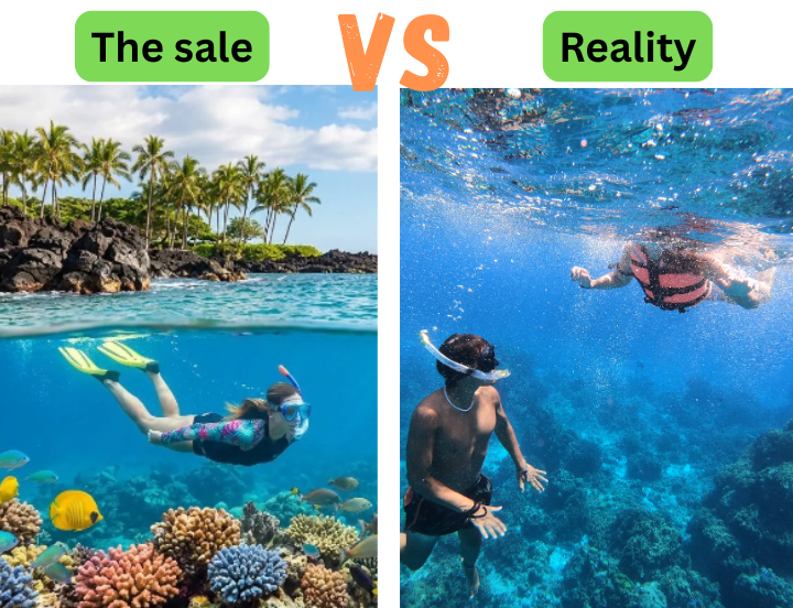 best-spots-to-snorkel-in-cozumel – Jet Ski Cozumel A ai gle image showing two versions of snorkeling with titles comparing advertised snorkeling vs actually snorkeling views