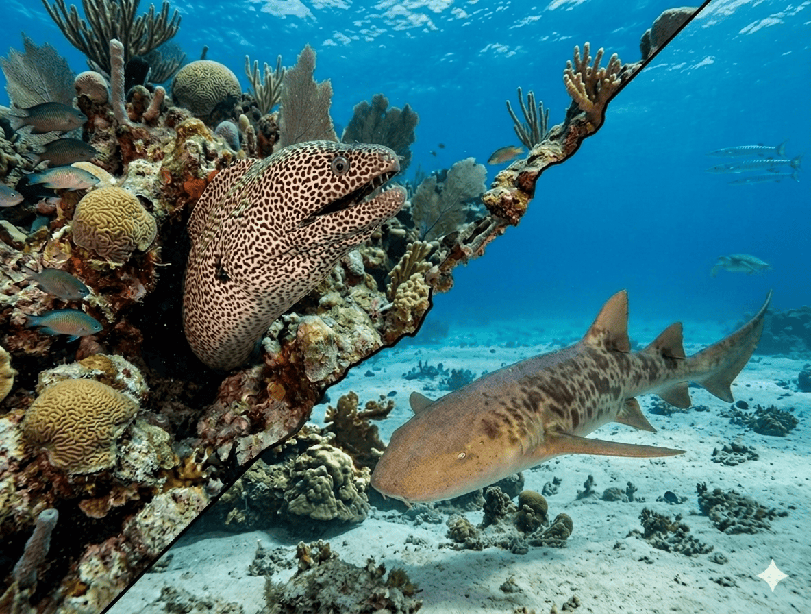 Nurse shark and moray eel Cozumel reef