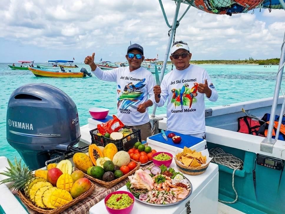 A Cozumel snorkel tour by boat showing Two men on a boat with a colorful fruit spread and snacks, turquoise sea behind them, giving thumbs up.