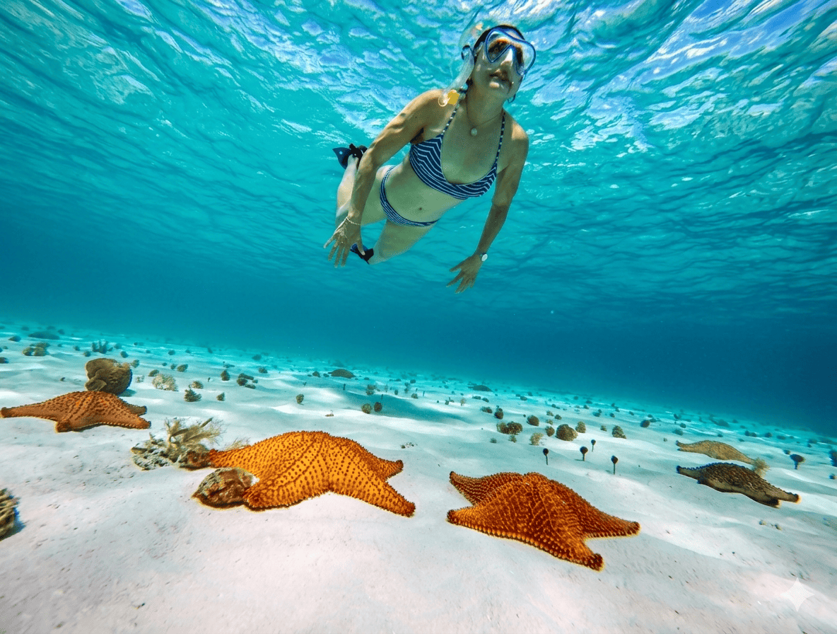 starfish-sandbar-cozumel-underwater – Jet Ski Cozumel Woman snorkeling in a striped bikini underwater above a sandy seabed with orange starfish scattered below