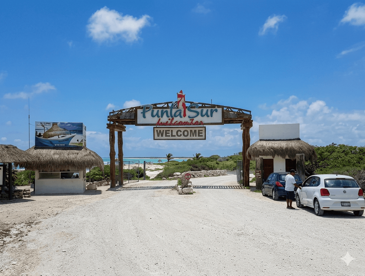 how-to-find-punta-sur-reef – Jet Ski Cozumel Entrance to Punta Sur beach with a wooden arch that reads Welcome, thatched huts, and parked cars against a blue sky and turquoise sea.