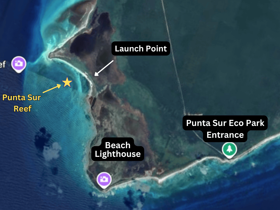 punta-sur-reef-aerial-view-cozumel – Jet Ski Cozumel Aerial map of a small island showing Punta Sur Reef on the left, Lighthouse & Beach at the bottom left, Del Cielo Beach Club near the center, and the Punta Sur Eco Park Entrance on the right.