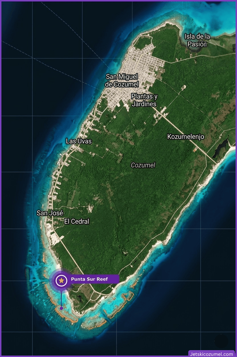 Satellite view of Cozumel Island showing towns (San Miguel, Las Uvas, San José) and Punta Sur Reef marker at the southern tip, with turquoise reefs nearby.